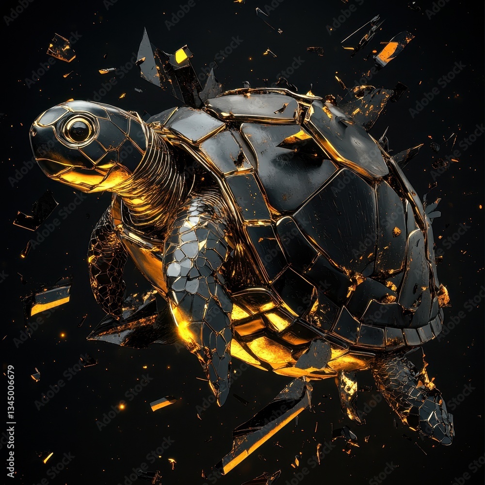 Fototapeta premium An artistic abstract representation of a metallic turtle emerging from darkness