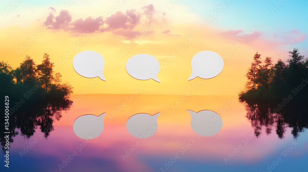Three blank speech bubbles floating above lake at sunset