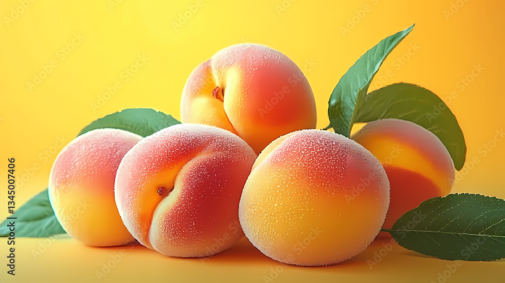 Still life of five peaches with natural texture and colors
