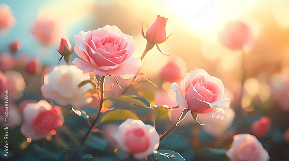 Rose illustration in pink and white with sunlight effect
