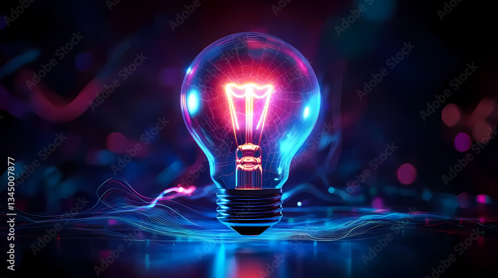 Glowing light bulb surrounded by blue and pink light
