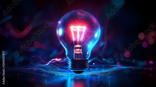 Glowing light bulb surrounded by blue and pink light