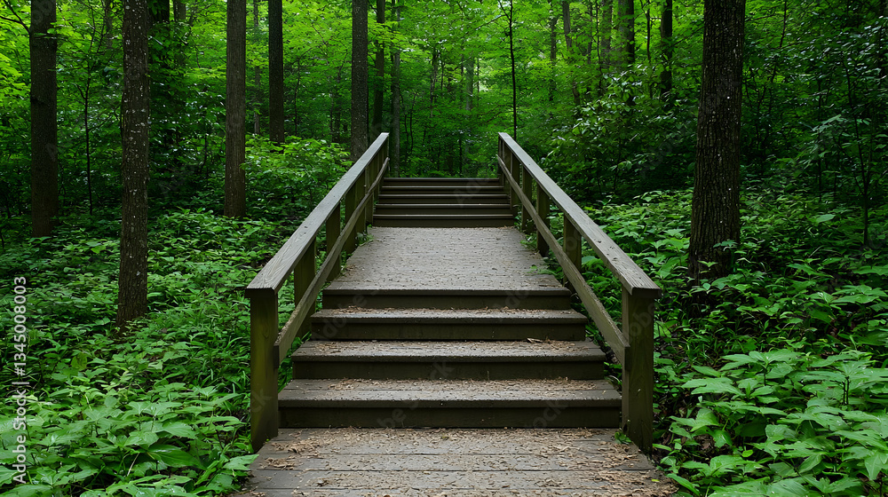 Wooden Staircase Ascending Through Dense Green Forest with Railings on Either Side and Abundant Vegetation Wooden Staircase Ascending Through Dense Green Forest with Railings on Either Side and Abundant Vegetation