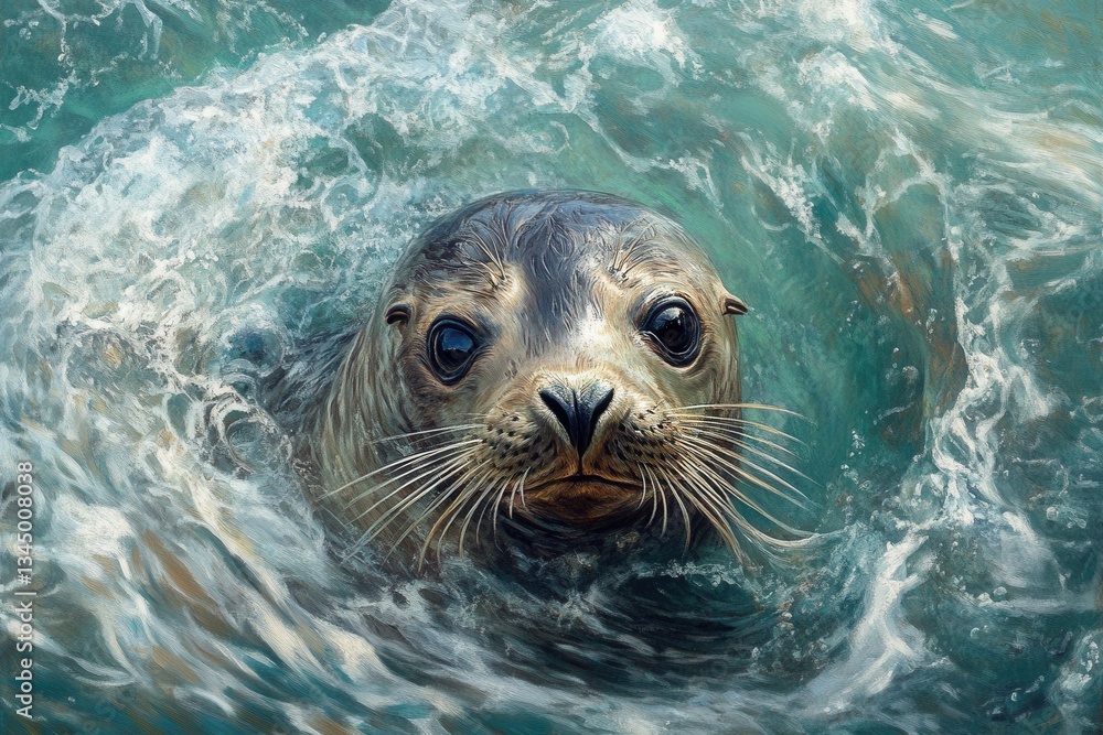 Fototapeta premium Grey seal swims in turquoise water, its dark eyes looking forward. Use it to illustrate wildlife, ocean conservation, or animal themes.