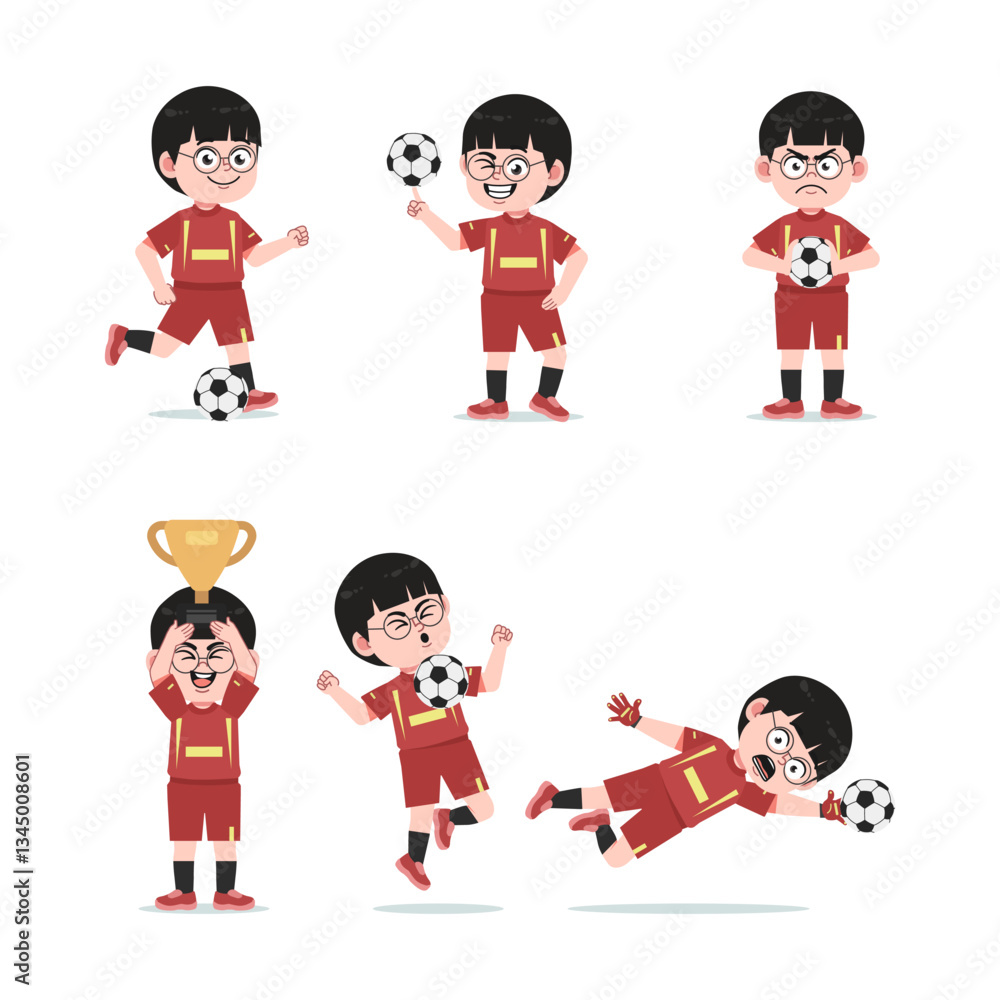 Cute Chinese Boy with Glasses cartoon Character Playing Football Cute Chinese Boy with Glasses cartoon Character Playing Football