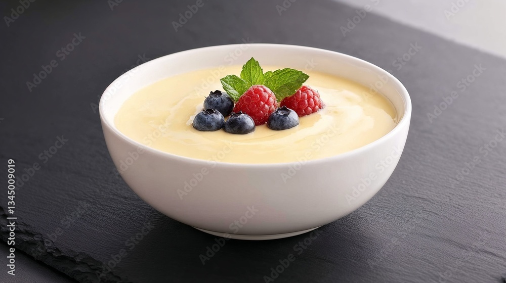 Creamy dessert with berries and mint on a dark slate background Creamy dessert with berries and mint on a dark slate background
