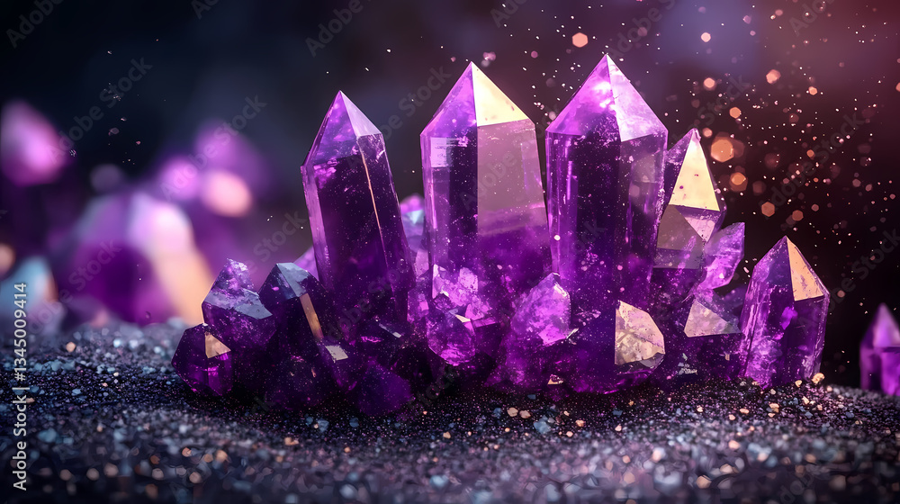 Amethyst clusters with mystical purple hues on black background