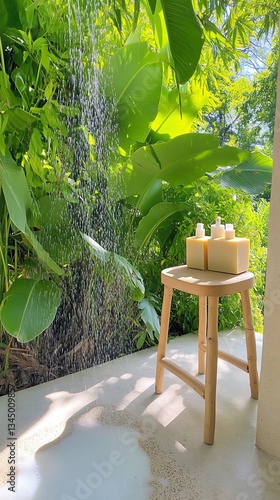 Wooden Table Tropical Garden Sunlight Peaceful Nature