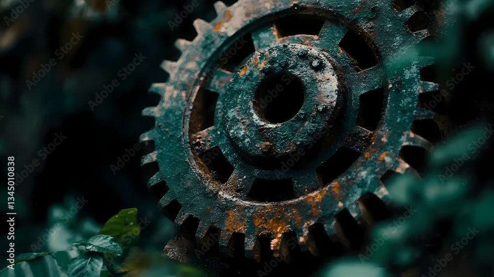 Rusted metal gear with green and orange rust