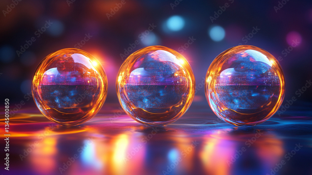 Three glowing spheres reflecting cosmic patterns on a vibrant, illuminated surface Three glowing spheres reflecting cosmic patterns on a vibrant, illuminated surface