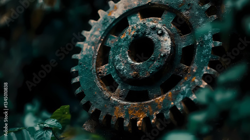 Obraz na płótnie Rusted metal gear with green and orange rust w salonie