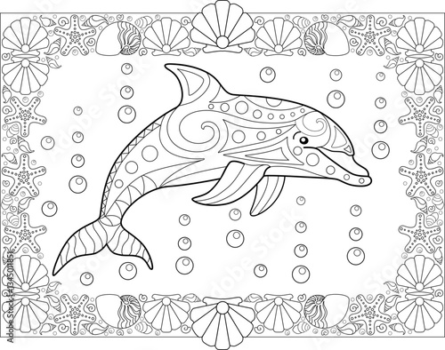 Antistress coloring book with a dolphin and a frame of seashells - a vector linear picture for coloring. Outline. Coloring book with marine mammal animal bottlenose dolphin.	