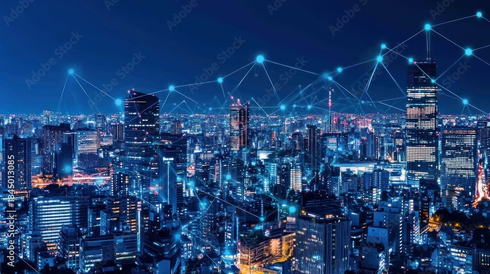 Naklejka premium Nighttime cityscape with glowing skyscrapers and digital connections