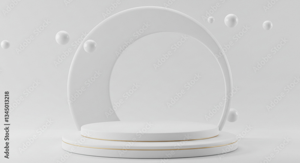 Elegant white display platform with floating spheres, a minimalist design perfect for showcasing products or ideas. Elegant white display platform with floating spheres, a minimalist design perfect for showcasing products or ideas.