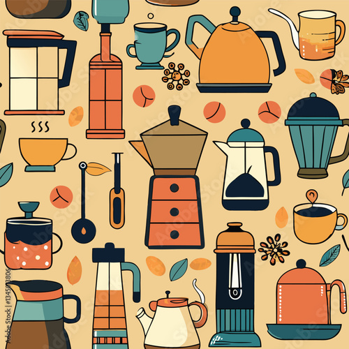 Charming Hand-Drawn Coffee Set with Flat Design Elements