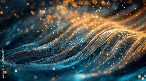 Abstract representation of flowing waves with sparkling particles in a vibrant blue and orange hue