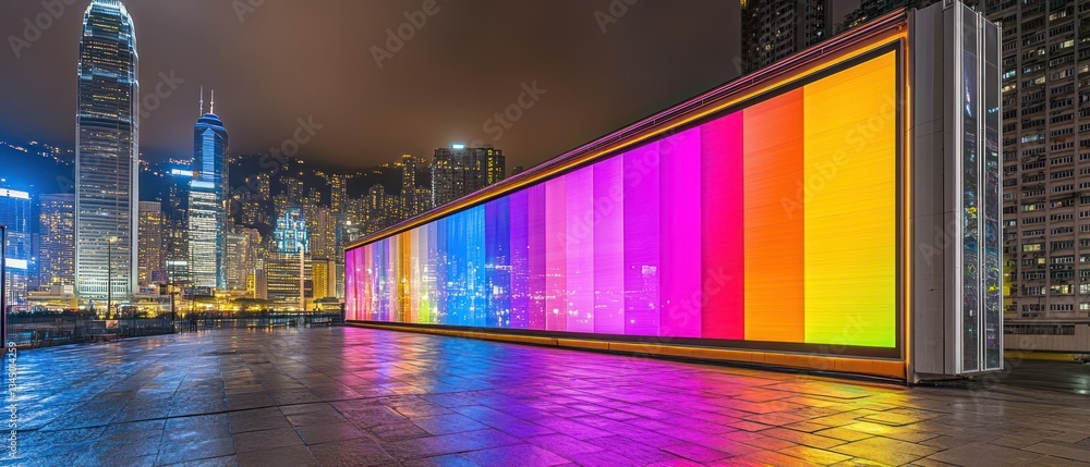 Fototapeta premium Illuminated multicolored display set against the cityscape at night