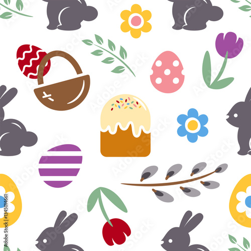 Easter seamless pattern with easter cake, rabbits, eggs, basket, flowers, pussy willow twigs on a white background. Cute background with easter bunnies for textile prints, wrapping paper, wallpaper