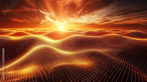 Vibrant sunset over rolling hills, showcasing a mesmerizing digital landscape with glowing lines