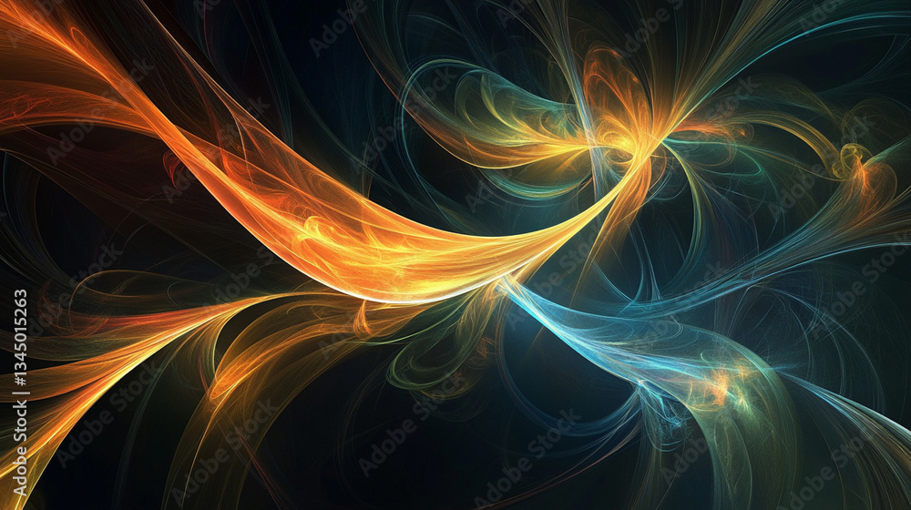 Fototapeta premium Colorful abstract swirls of orange and blue light intertwining against a dark background
