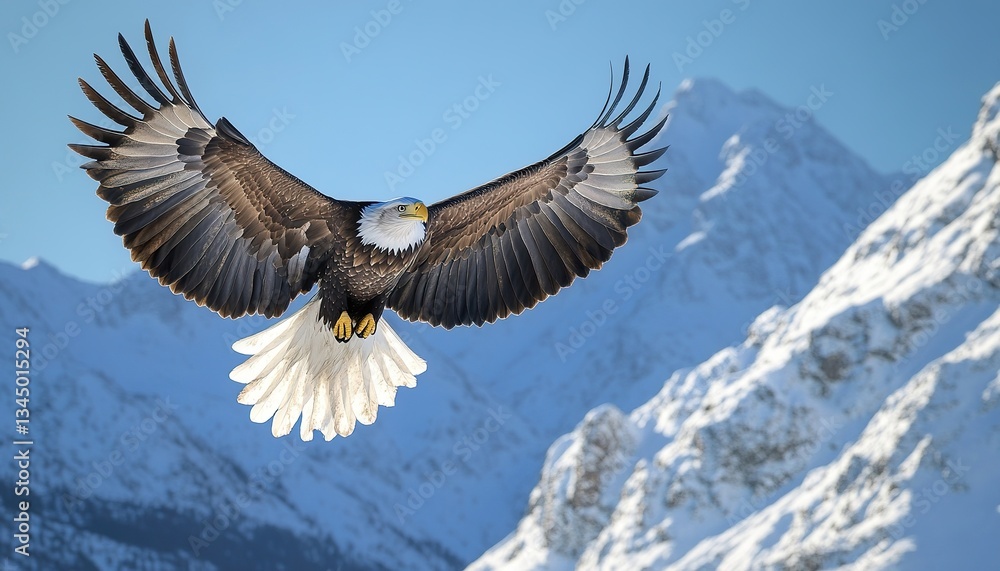 Obraz premium An artistic view of a powerful eagle soaring high above snowy mountain peaks under unique lighting.