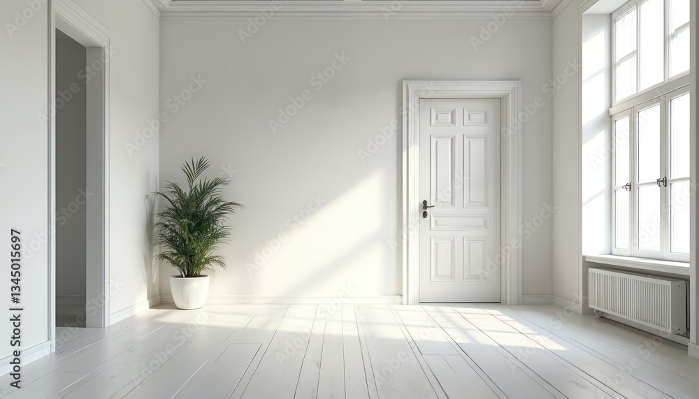 Obraz premium Bright spacious minimal white room interior with potted plant. Sunlight from window. Modern home design, versatile background for projects. Doorway to another room provides depth.