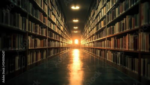 Wallpaper Mural Long library aisle, bookshelves, bright light Torontodigital.ca