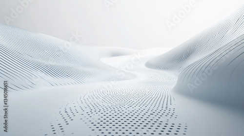 Abstract landscape with flowing white curves and dotted patterns, evoking a serene, futuristic atmosphere