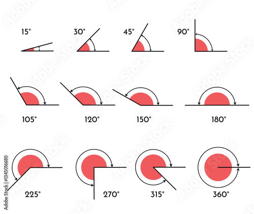 Angles set with different degrees Set of angles icons. Math and geometry symbols. Education material illustration