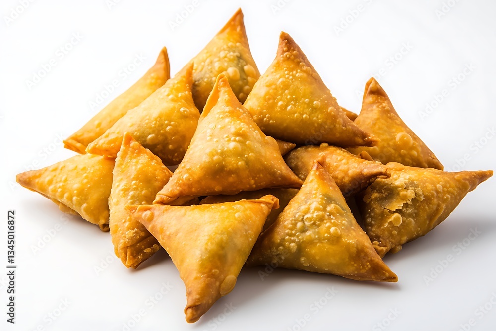 A white rectangular plate with samosas arranged in an angled pyramid shape A white rectangular plate with samosas arranged in an angled pyramid shape