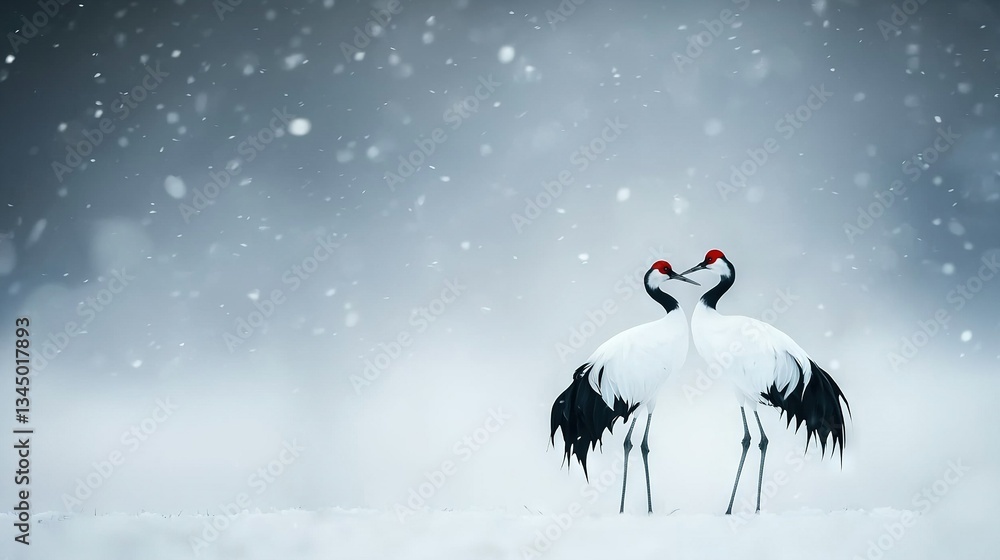 Fototapeta premium A pair of birds perched on a snow-covered field amidst gently falling snowflakes