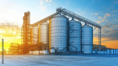 A rendering shows an industrial complex with silos at sunset