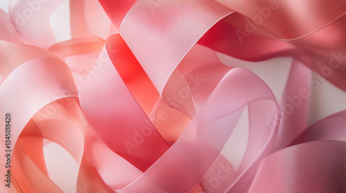 Delicate pink and coral ribbons elegantly intertwined on a soft background, perfect for crafts
