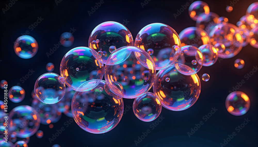 Iridescent bubbles float in a dark space, reflecting vibrant colors and creating a mesmerizing, ethereal display. Graphical resource for design and downstream advertisement purposes Iridescent bubbles float in a dark space, reflecting vibrant colors and creating a mesmerizing, ethereal display. Graphical resource for design and downstream advertisement purposes