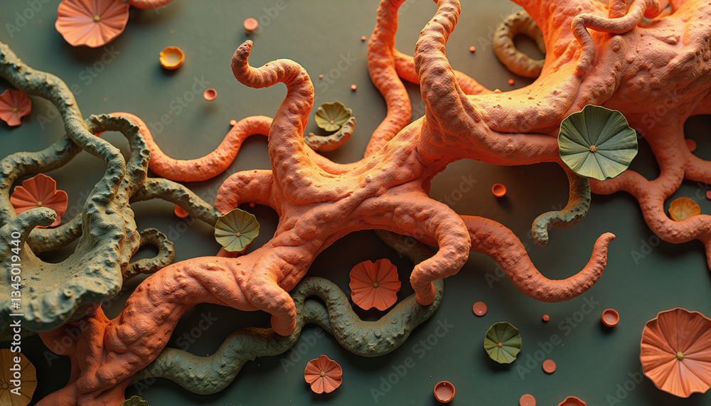 Obraz premium Abstract, organic forms in shades of orange and gray intertwine amidst scattered circular shapes on a dark surface. Graphical resource for design and downstream advertisement purposes