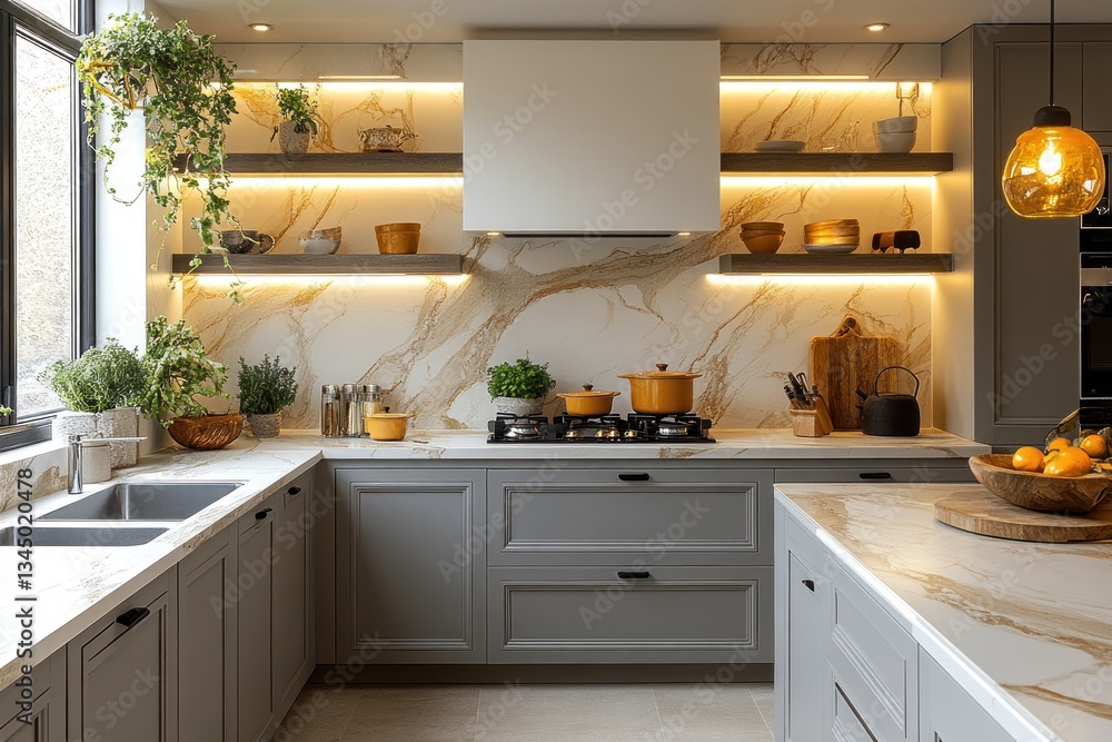 Fototapeta premium Modern Gray Kitchen with Gold Accents, Stylish Lighting, and Plants