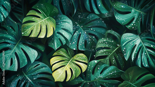 Lush green tropical leaves with droplets of water, creating a vibrant natural backdrop for design