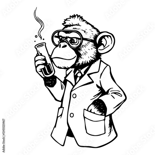 monkey scientist holding a flask, chimpanzee with a test tube sketch