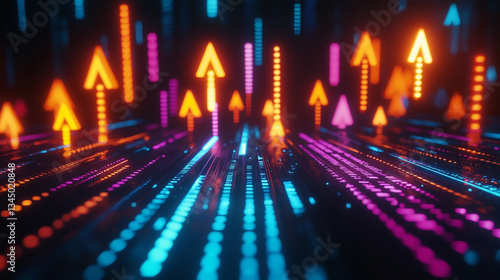 Vibrant abstract digital background with glowing arrows and lines representing growth and progress
