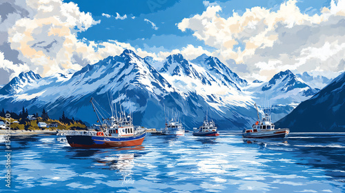 Homer, Alaska, A group of boats in Alaska's Lituya Bay, with snow-capped mountains and blue waters as the backdrop. Clear sky and clouds, The scene captures fishing reminiscent of Alaska