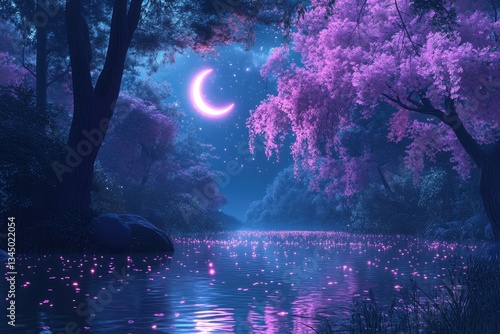 Fototapeta Naklejka Na Ścianę i Meble -  Magical night forest by a river