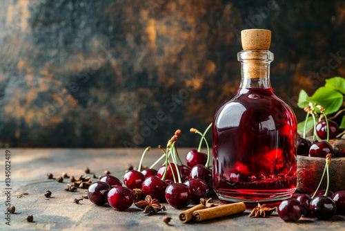 Homemade cherry liqueur with fresh cherries and spices displayed on a rustic wooden table