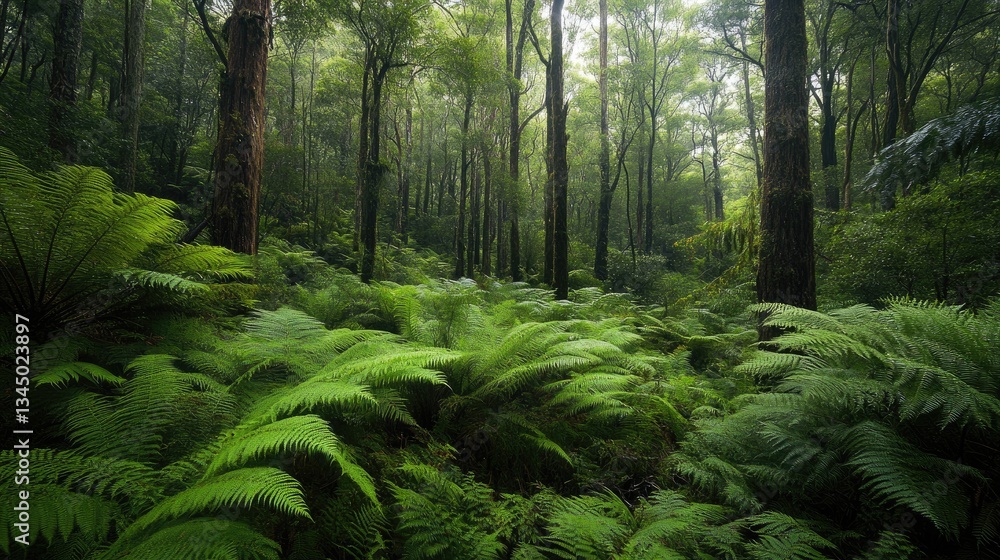 Fototapeta premium Lush Green Forest with Ferns and Tall Trees Enveloped in Misty Atmosphere