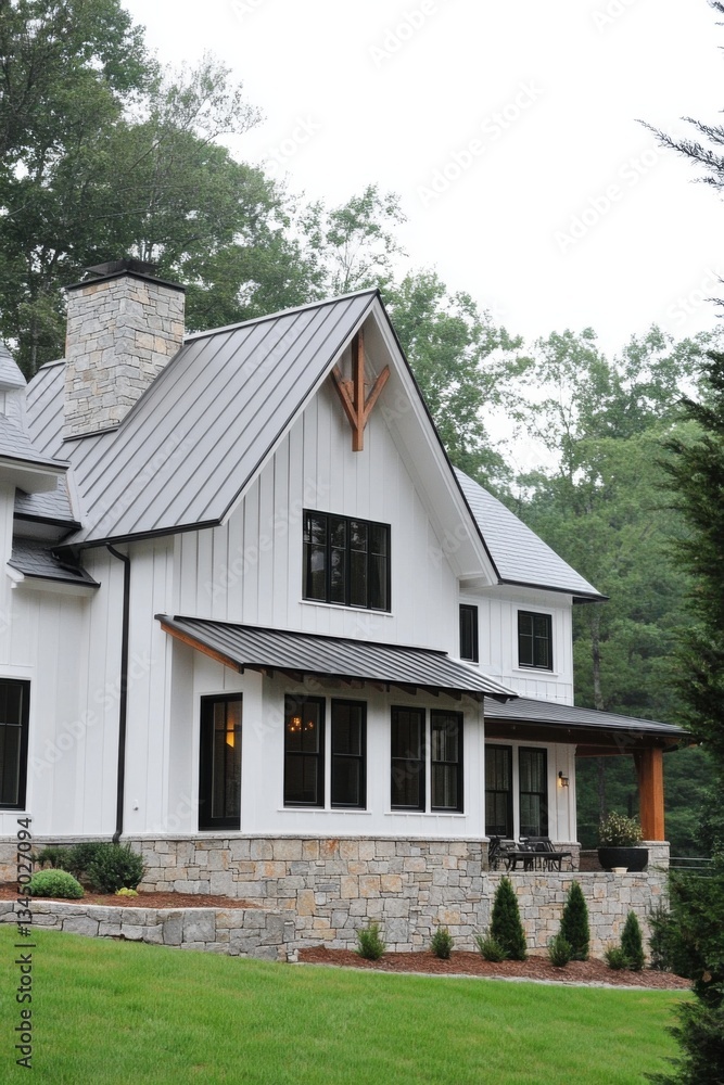Modern farmhouse design with stone and siding located in a serene wooded area featuring a sloped roof and inviting porch during a cloudy day Modern farmhouse design with stone and siding located in a serene wooded area featuring a sloped roof and inviting porch during a cloudy day