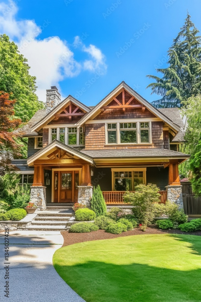 Obraz premium Beautifully designed two-story house with extensive greenery and inviting entryway located in a serene neighborhood on a sunny day