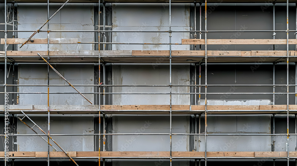 Detailed Close Up Of Metal Scaffolding And Wooden Planks Against Grey Building Wall Displaying Industrial Construction Architecture Detailed Close Up Of Metal Scaffolding And Wooden Planks Against Grey Building Wall Displaying Industrial Construction Architecture