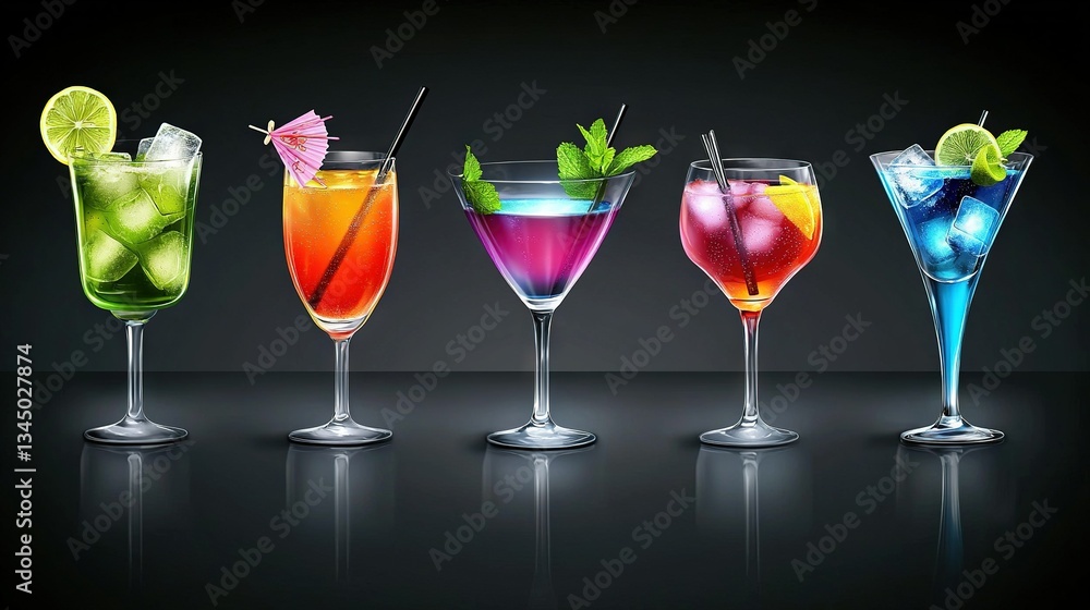 A row of varying hue cocktails on a black table against a dark backdrop A row of varying hue cocktails on a black table against a dark backdrop