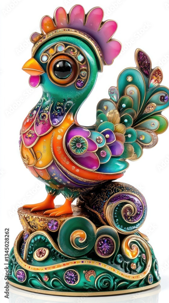 Naklejka premium An ornate jeweled rooster statue poses on a decorative pedestal