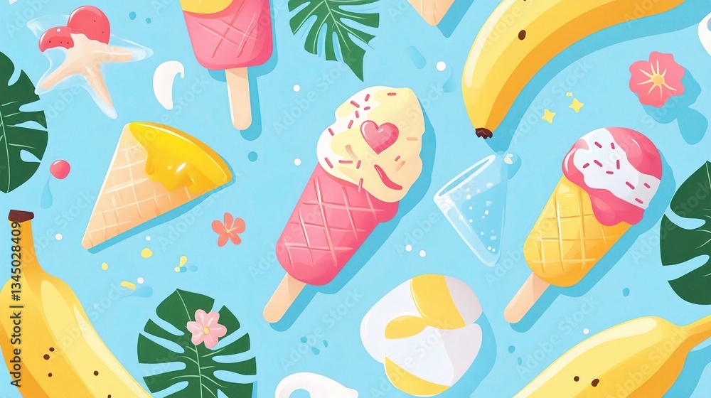 Vibrant Flat Vector Pattern of Beach Icons Featuring Ice Cream and Bananas Vibrant Flat Vector Pattern of Beach Icons Featuring Ice Cream and Bananas