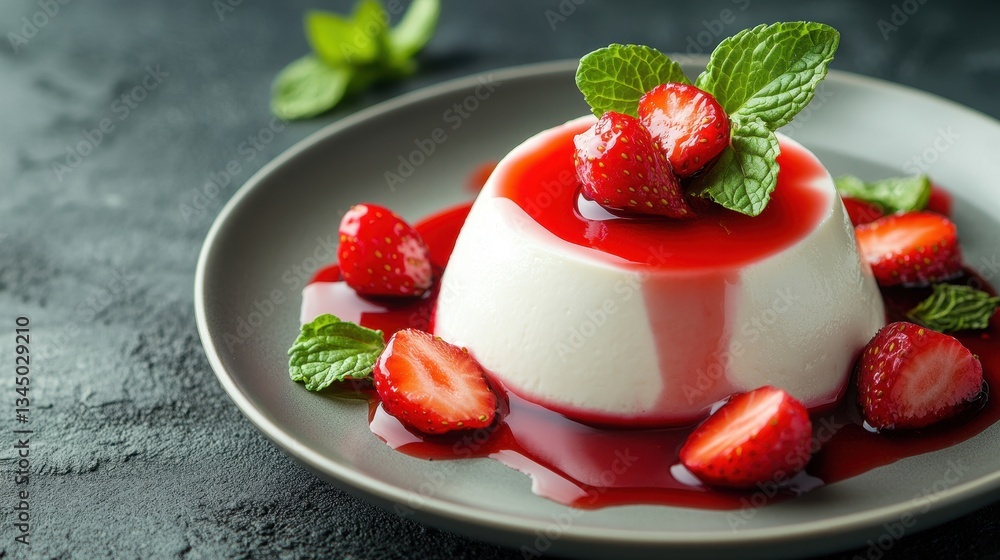 Panna cotta dessert with strawberry sauce and mint on gray plate, studio shot. Showcase italian food, sweets recipes, restaurant menu, or catering services. Panna cotta dessert with strawberry sauce and mint on gray plate, studio shot. Showcase italian food, sweets recipes, restaurant menu, or catering services.